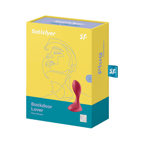 Satisfyer Backdoor Lover Vibrating Anal Plug Red packaging showcasing the product and brand details.