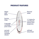 Satisfyer Pret-a-porter Pressure Wave Clitoral Vibrator features sleek design, real leather, and dual motors for enhanced pleasure.