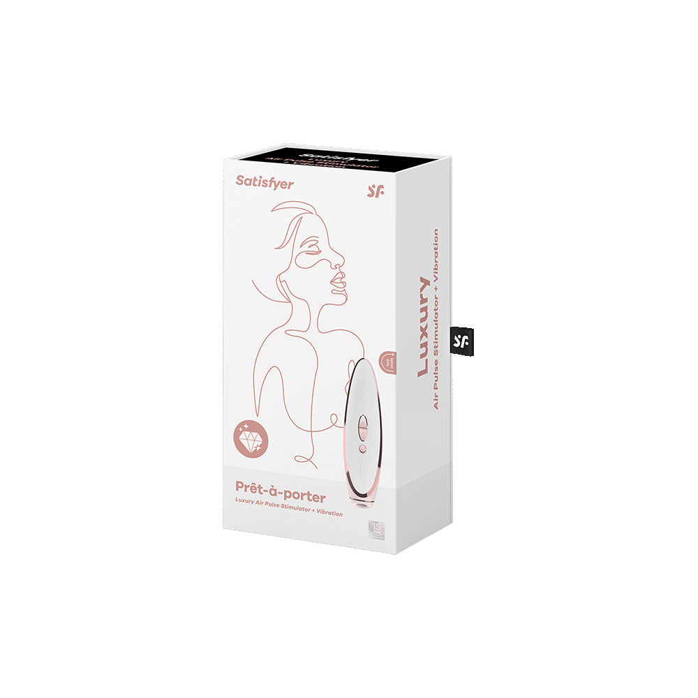 Satisfyer Pret-a-porter Pressure Wave Clitoral Vibrator packaging showcasing luxury design and features.
