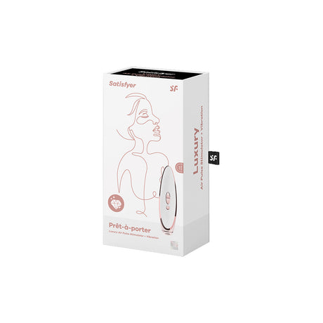 Satisfyer Pret-a-porter Pressure Wave Clitoral Vibrator packaging showcasing luxury design and features.
