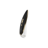 Satisfyer Haute Couture Pressure Wave Clitoral Vibrator, featuring black leather and gold detailing for luxurious pleasure.