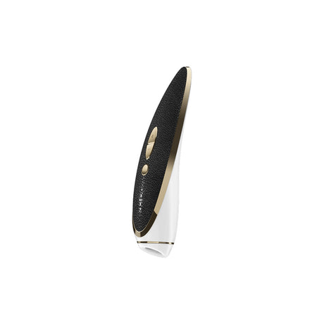 Satisfyer Haute Couture Pressure Wave Clitoral Vibrator, featuring black leather and gold detailing for luxurious pleasure.