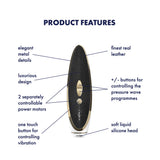 Satisfyer Haute Couture Pressure Wave Clitoral Vibrator product features including elegant metal details and soft silicone head.