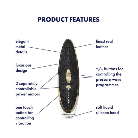 Satisfyer Haute Couture Pressure Wave Clitoral Vibrator product features including elegant metal details and soft silicone head.
