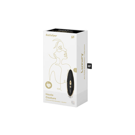 Satisfyer Haute Couture Pressure Wave Clitoral Vibrator packaging with luxurious design and features.