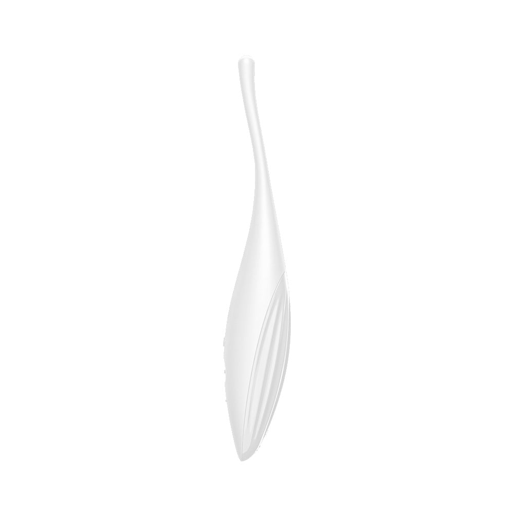 Satisfyer Twirling Joy Clitoral Vibrator White with a sleek, ergonomic design and narrow tip for targeted stimulation.