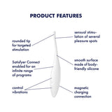 Satisfyer Twirling Joy Clitoral Vibrator White features, including rounded tip and Satisfyer Connect.