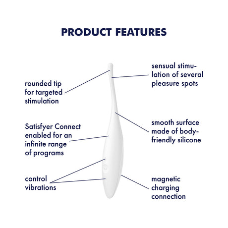 Satisfyer Twirling Joy Clitoral Vibrator White features, including rounded tip and Satisfyer Connect.