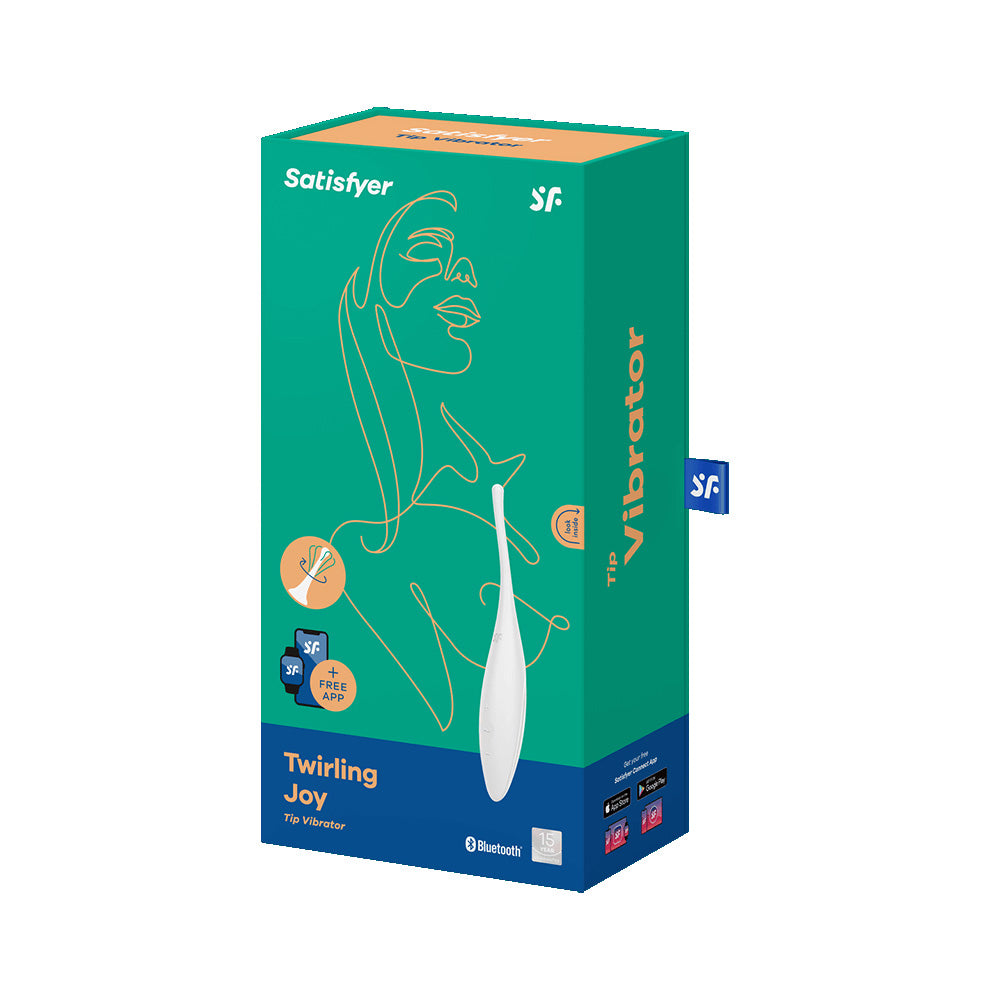 Satisfyer Twirling Joy Clitoral Vibrator White packaging showcasing the sleek design and app connectivity features.