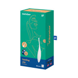 Satisfyer Twirling Joy Clitoral Vibrator White packaging showcasing the sleek design and app connectivity features.