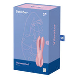 Satisfyer Threesome 1 Lay-On Vibrator Pink packaging displaying sleek design and features for enhanced pleasure.