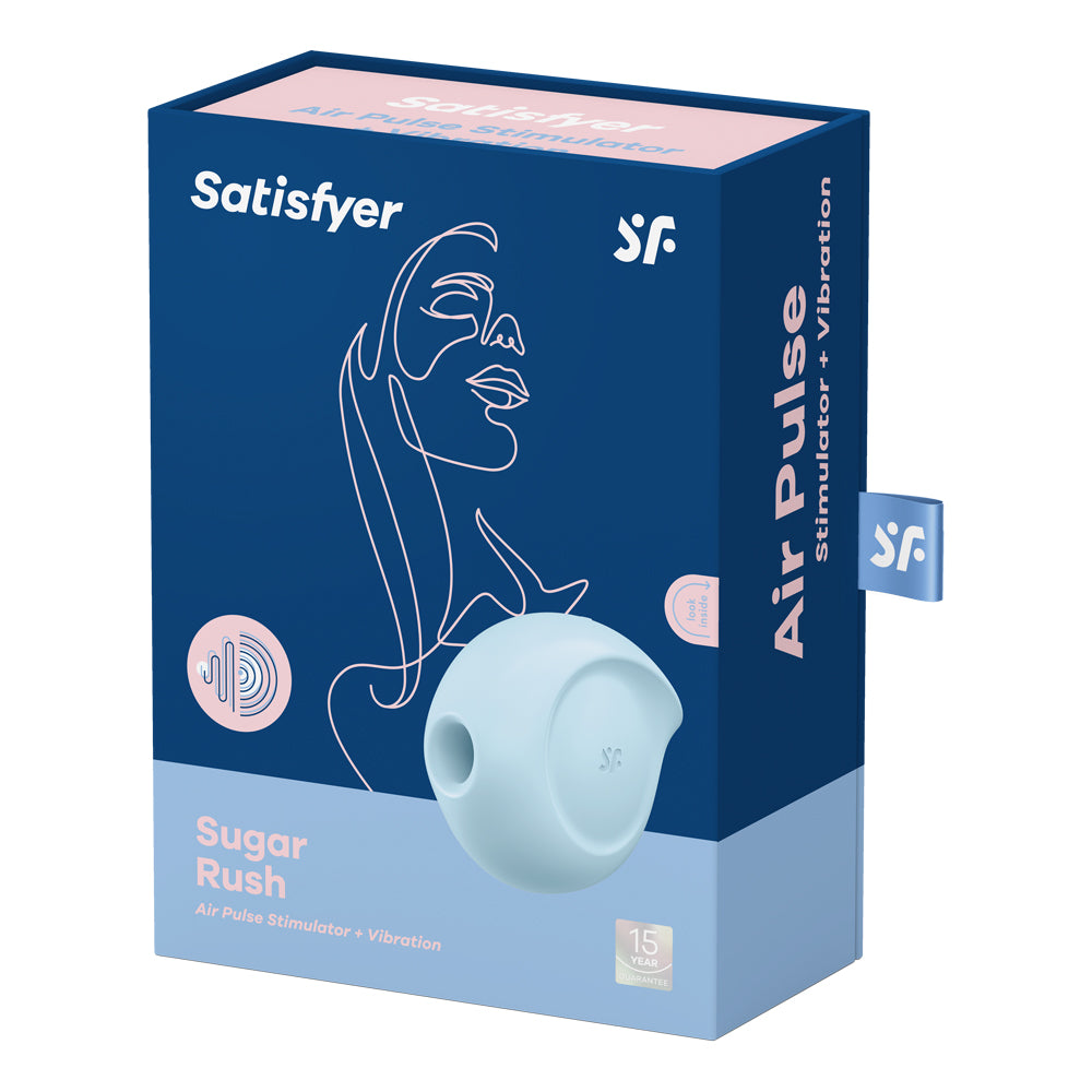Satisfyer Sugar Rush Air Pulse Clitoral Vibrator Blue packaging with air pulse stimulator and vibration features.