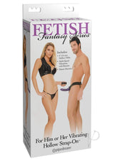 Fetish Fantasy Vibrating Hollow Strap-On 6 Inch Purple packaging featuring couple with adjustable harness and hollow dildo.