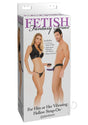 Fetish Fantasy Vibrating Hollow Strap-On 6 Inch Purple packaging featuring couple with adjustable harness and hollow dildo.