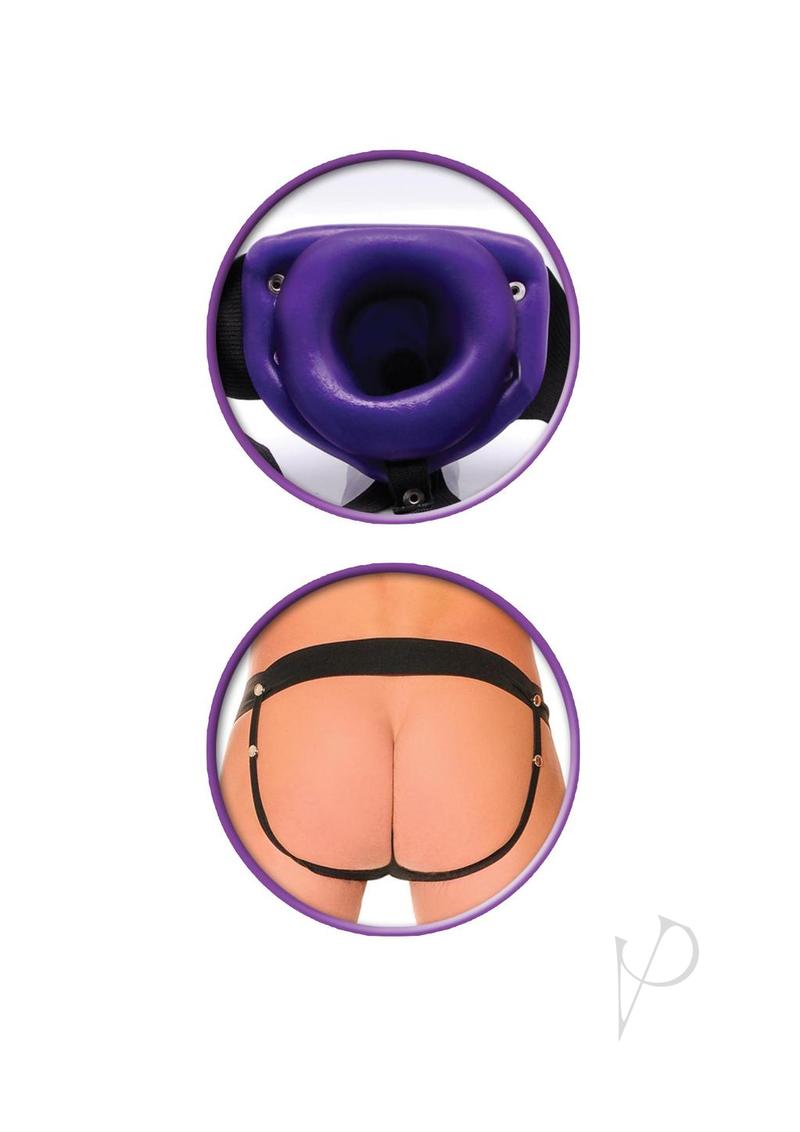 Fetish Fantasy Vibrating Hollow Strap-On 6 Inch Purple showing hollow design and adjustable harness for versatile use.