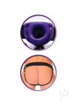 Fetish Fantasy Vibrating Hollow Strap-On 6 Inch Purple showing hollow design and adjustable harness for versatile use.