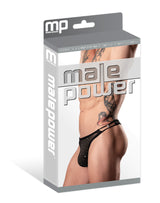 Male Power Show Stopper Thong Black L XL packaging featuring a model showcasing the innovative design and stylish details.