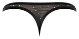 Male Power Show Stopper Thong Black L XL featuring a sheer micro mesh design with silver dots.