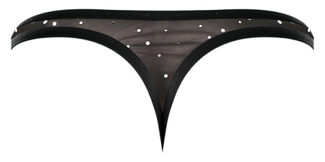 Male Power Show Stopper Thong Black L XL featuring a sheer micro mesh design with silver dots.