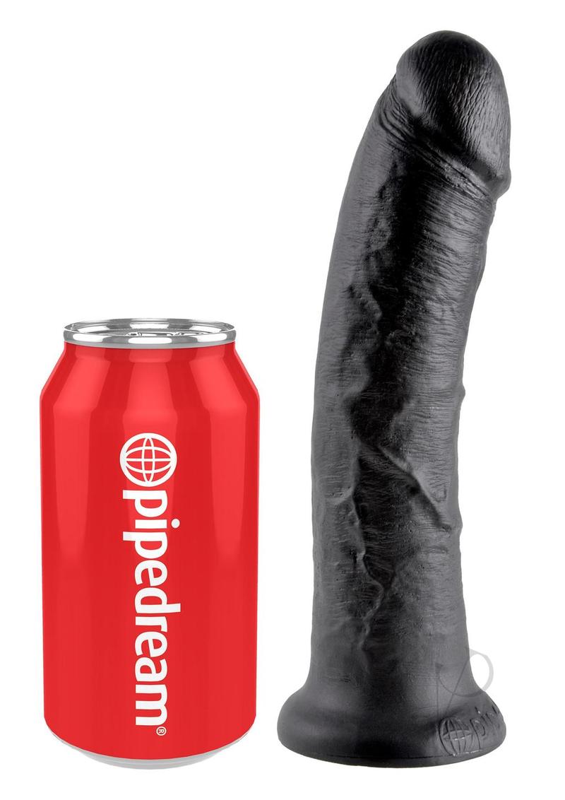 King Cock 8 inch Realistic Suction Cup Dildo Black alongside a red Pipedream soda can for size comparison.