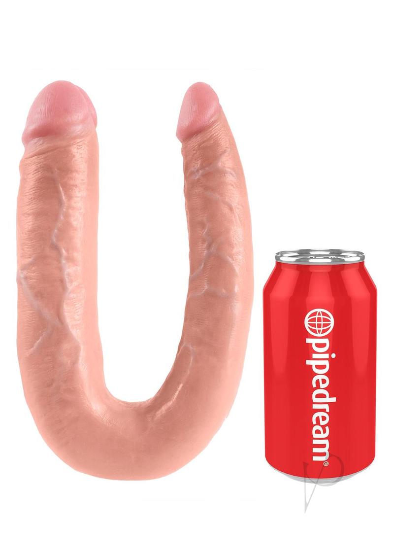 King Cock U-Shaped Large Double Trouble Dildo Vanilla next to a can for scale, showcasing its lifelike design.
