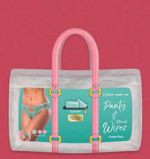 Sweetums Crotchless Panty with Wipes Mint 2XL combo pack featuring a stylish design and convenient intimate wipes.