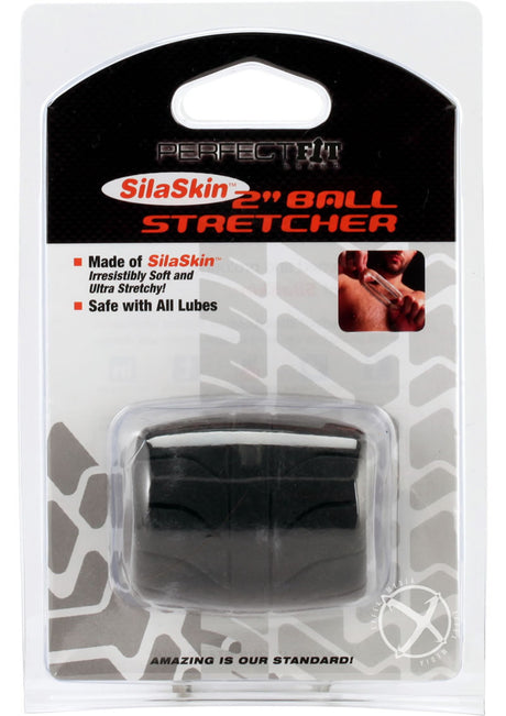 Perfect Fit Ball Stretcher SilaSkin 2 inch Black packaging showcasing its features and design.