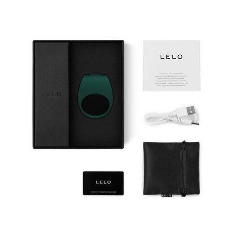 LELO Tor 2 Vibrating Couples Ring Green packaging with accessories including USB charger and instruction card.