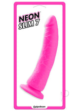 Neon Slim 7 Dildo 7 inches Pink with textured shaft, designed for realistic stimulation, shown in packaging.