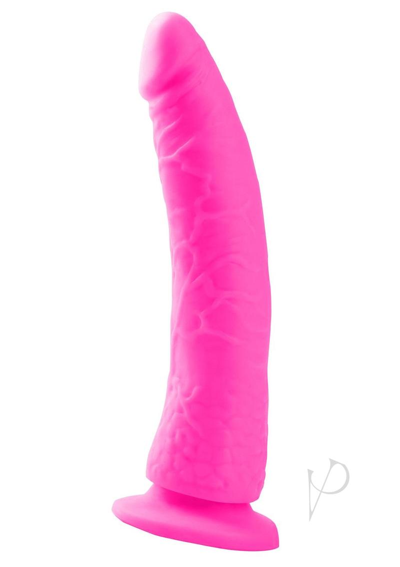 Neon Slim 7 Dildo 7 inches Pink displayed upright against a white background, showcasing its smooth texture and realistic design.