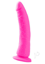 Neon Slim 7 Dildo 7 inches Pink displayed upright against a white background, showcasing its smooth texture and realistic design.