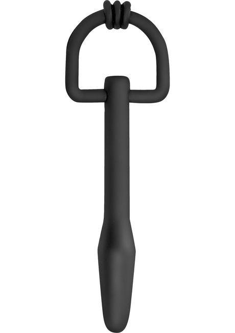 Master Series The Hallows Cum-Thru D-Ring Penis Plug Black shown in sleek black silicone design.