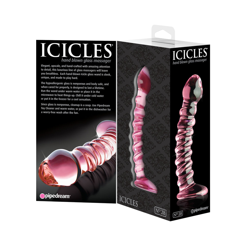 Icicles No. 28 Curved Ribbed 7.25 inches Glass Dildo Pink