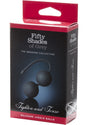 Fifty Shades of Grey Tighten and Tense Jiggle Balls Black packaging featuring silicone jiggle balls.