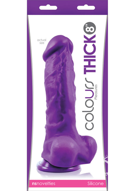 Colours Pleasures Silicone Thick Dildo 8 inches Purple packaged with actual size displayed.