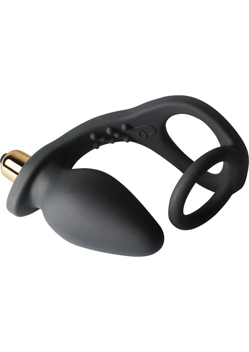 Ro-Zen Vibrating Silicone Cock Ring with Butt Plug Black for dual stimulation and enhanced pleasure.