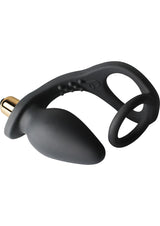 Ro-Zen Vibrating Silicone Cock Ring with Butt Plug Black for dual stimulation and enhanced pleasure.