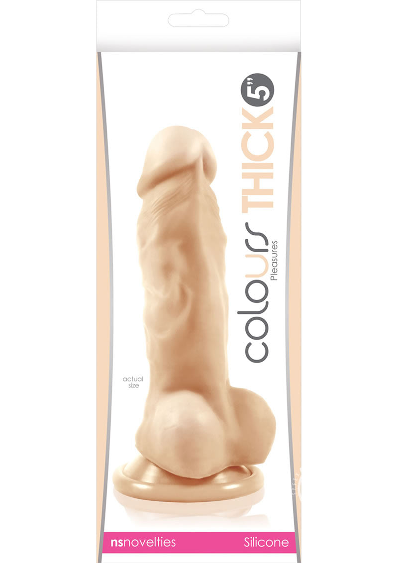 Colours Pleasures Silicone Thick Dildo 5 inch Vanilla in packaging showcasing its realistic design and texture.
