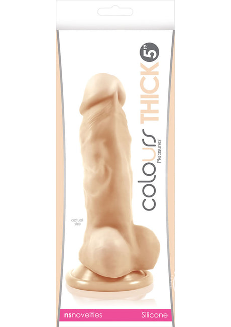 Colours Pleasures Silicone Thick Dildo 5 inch Vanilla in packaging showcasing its realistic design and texture.