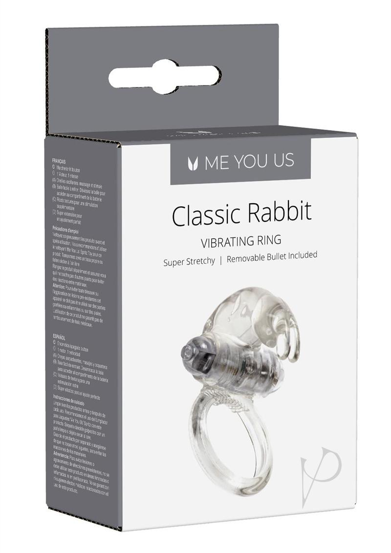 ME YOU US Classic Rabbit Vibrating Cock Ring Clear packaging showcasing the vibrating ring and features.
