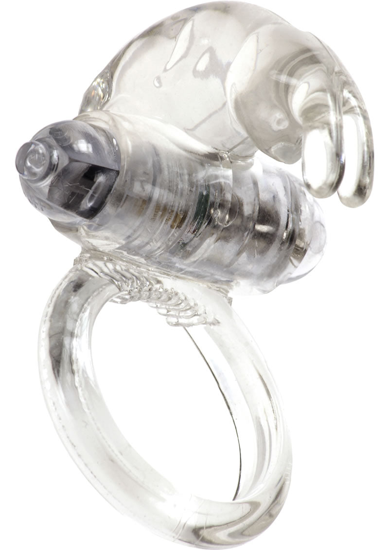 ME YOU US Classic Rabbit Vibrating Cock Ring Clear, featuring a rabbit-shaped clit stimulator and vibrating bullet.
