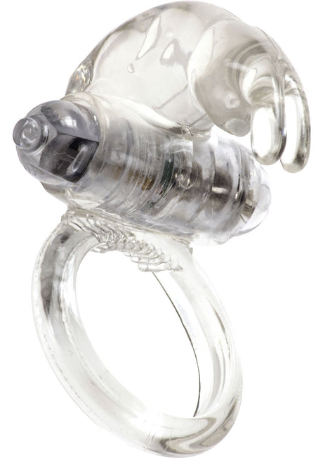 ME YOU US Classic Rabbit Vibrating Cock Ring Clear, featuring a rabbit-shaped clit stimulator and vibrating bullet.