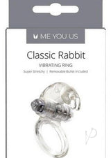 ME YOU US Classic Rabbit Vibrating Cock Ring Clear packaging showcasing the stretchy vibrating ring for couples.