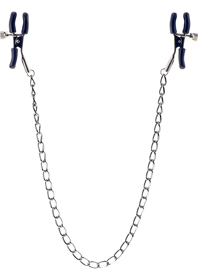 Me You Us Squeeze and Please Nipple Clamps with Chain linked by a durable chain for adjustable pressure.