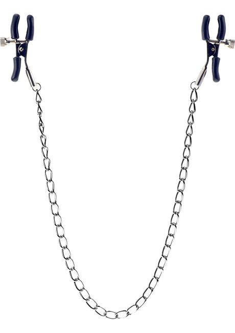 Me You Us Squeeze and Please Nipple Clamps with Chain linked by a durable chain for adjustable pressure.