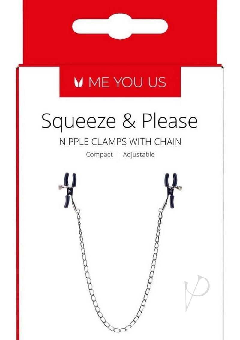Me You Us Squeeze and Please Nipple Clamps with Chain for adjustable pleasure and sensation.