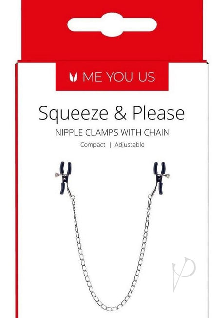 Me You Us Squeeze and Please Nipple Clamps with Chain for adjustable pleasure and sensation.