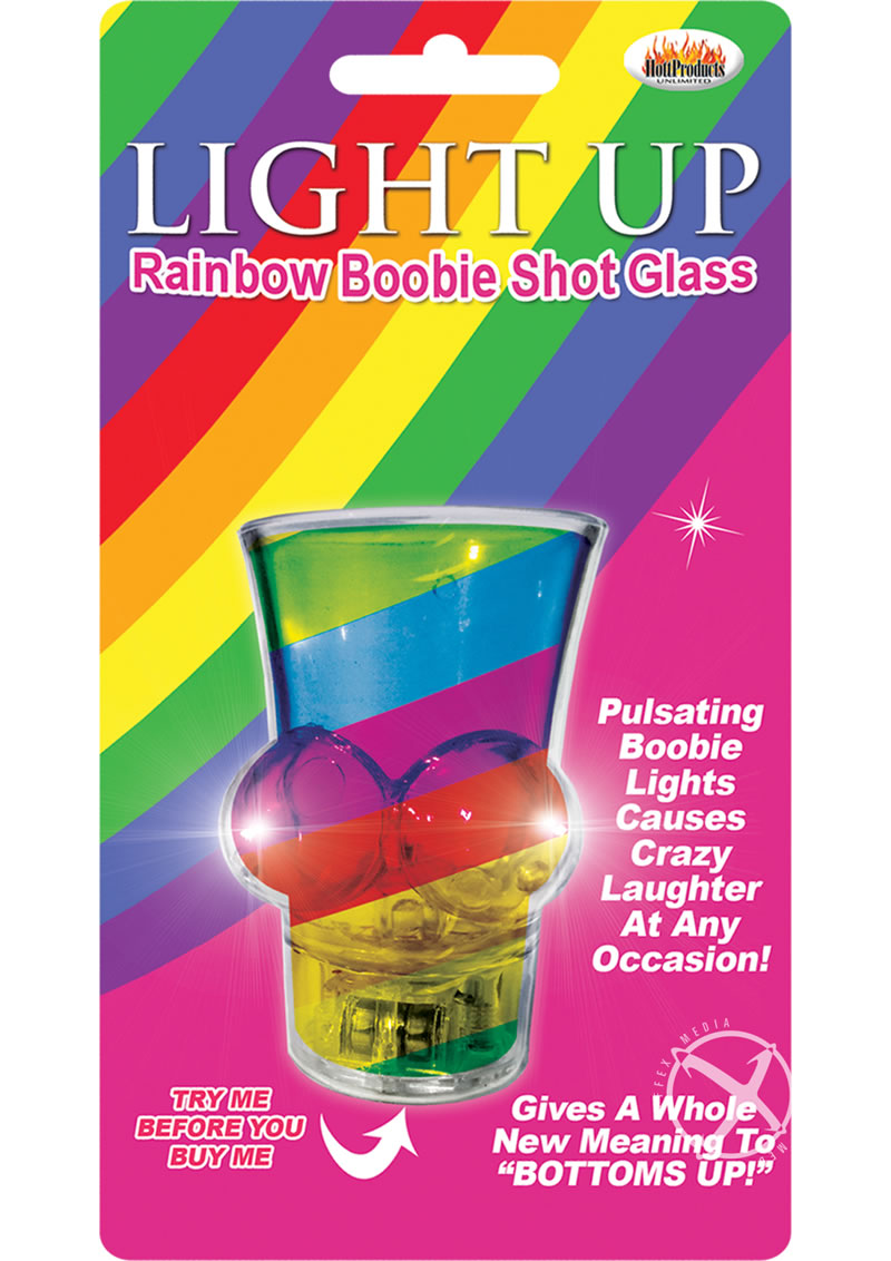 Light Up Rainbow Boobie Shot Glass Multicolor packaging with vibrant colors and LED features for fun celebrations.
