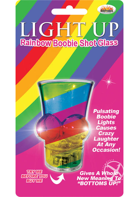 Light Up Rainbow Boobie Shot Glass Multicolor packaging with vibrant colors and LED features for fun celebrations.