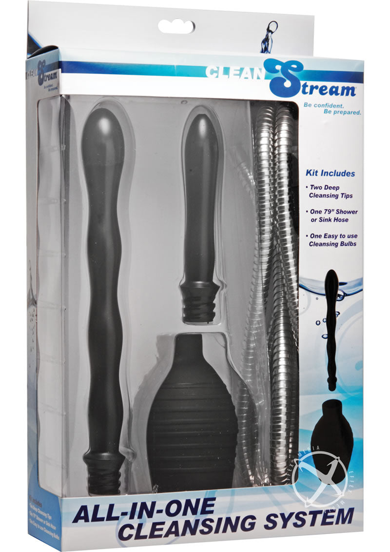 CleanStream All-In-One Shower Cleansing System Black kit with two nozzles, hose, and cleansing bulb.